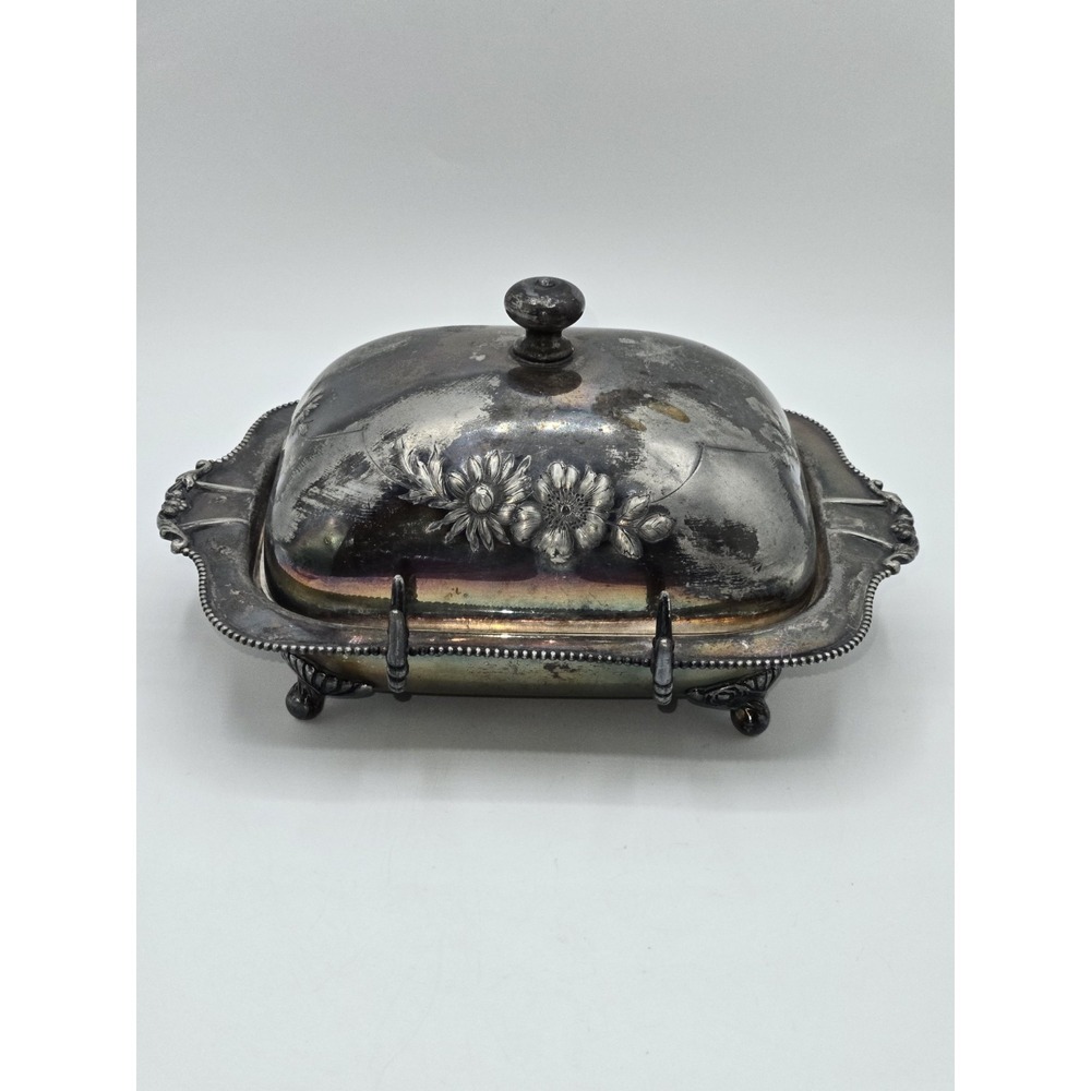 Antique Pairpoint Quadruple Plate Silverplate Covered Butter Dish Floral Lid